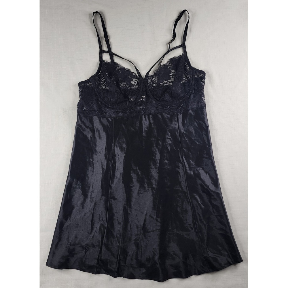 Cacique Black Satin Lace Camisole Babydoll Lingerie Top Strappy Underwire 18/20